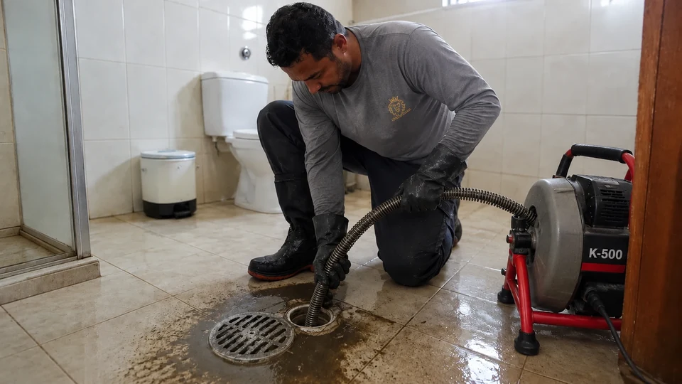 Técnico realizando desentupimento de esgoto